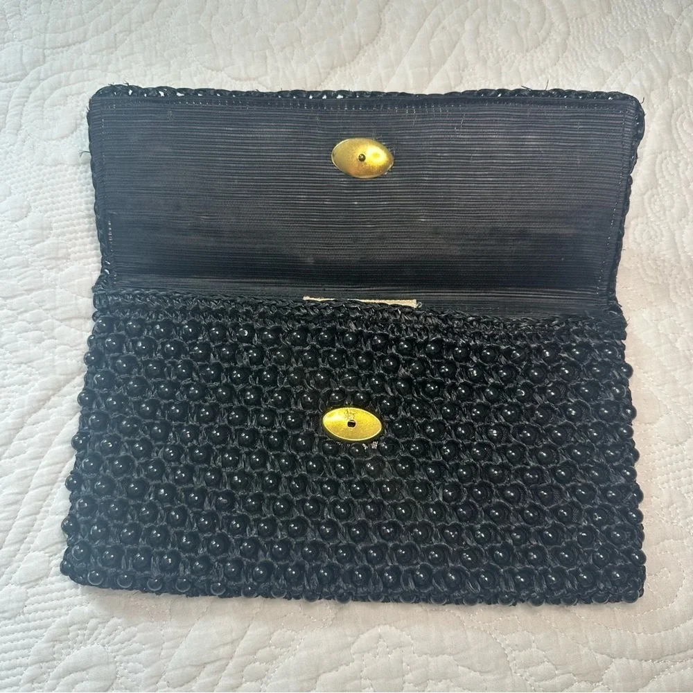 Made in Italy Ratan Beaded Black Clutch.